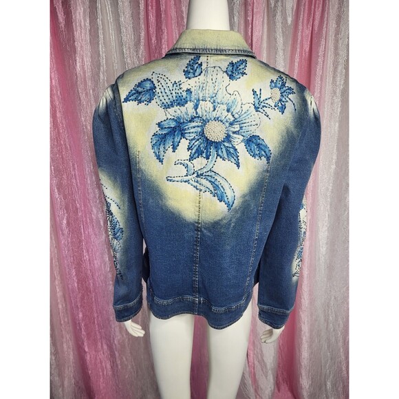 Vintage PJ Shernda Y2K Acid Wash Floral Beaded Pearl Jean Jacket Size Large - Picture 9 of 13